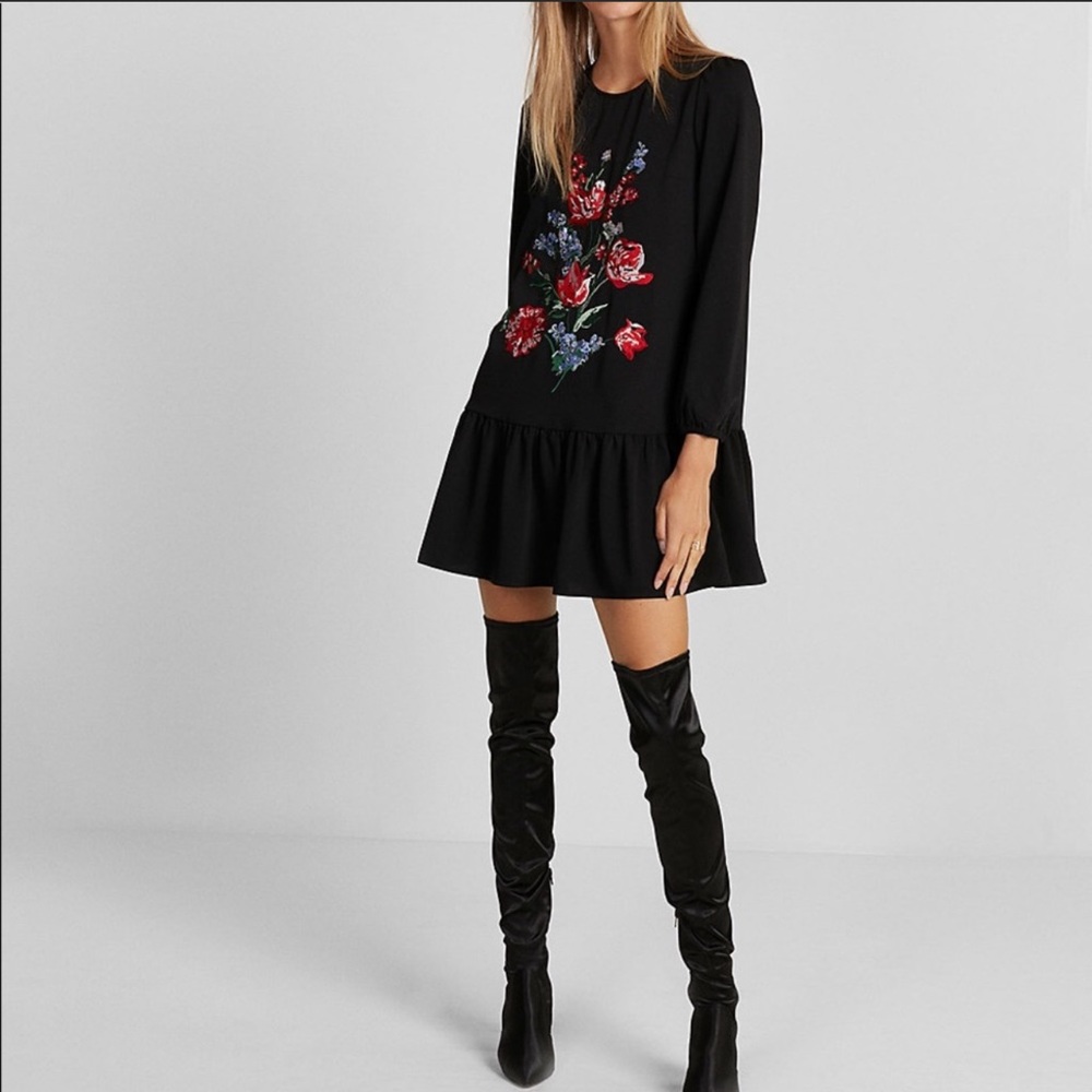 Express Black Drop Waist Dress with Floral Embroidered Detail front